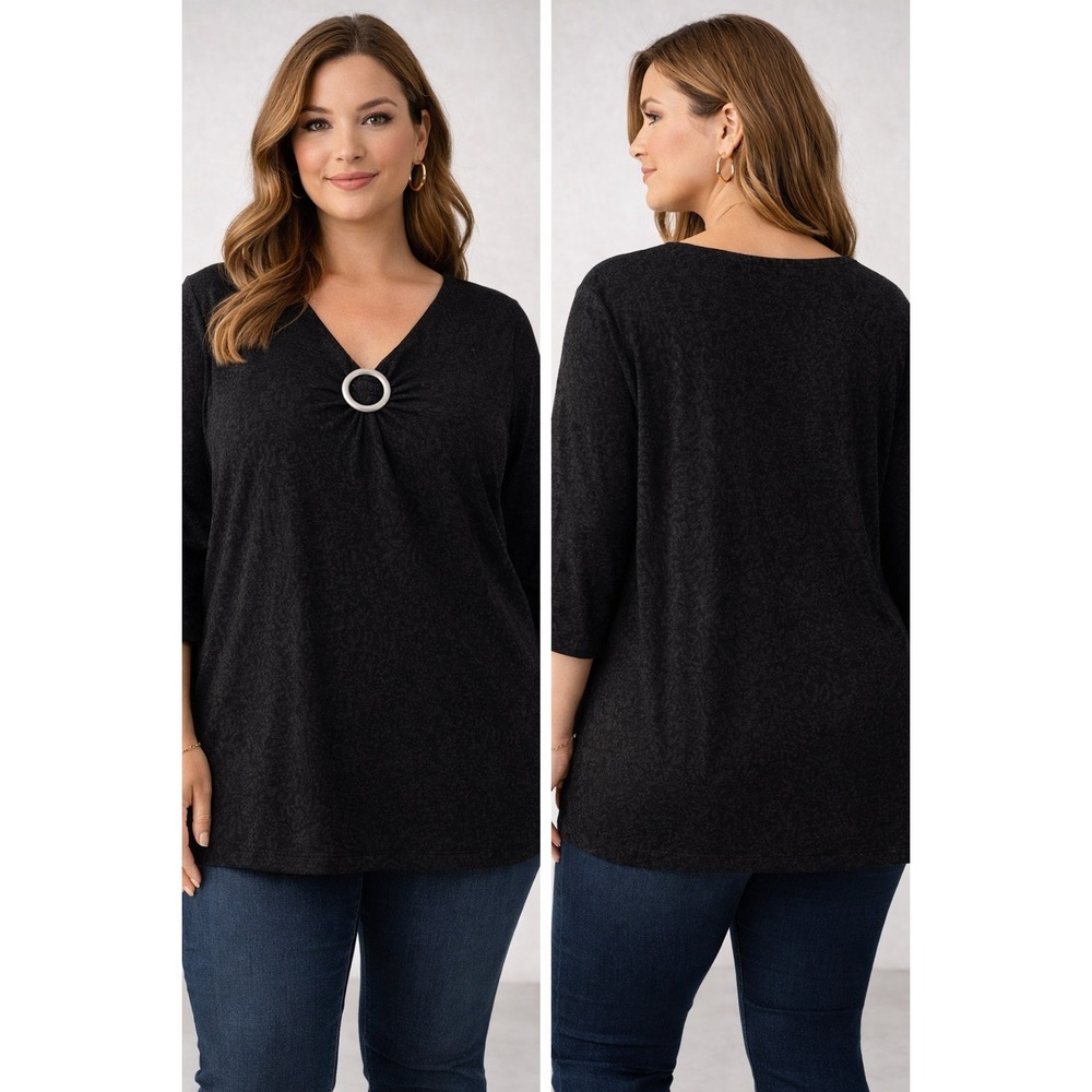 Jaclyn Smith Textured Knit Top Women 1X Black Ring Detail Chic 3/4 Sleeve Print
